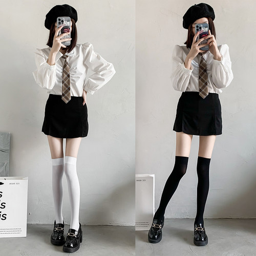 黑色jk小腿袜子女天鹅绒丝袜夏季薄款中筒袜潮ins日系长筒过膝袜 - 图0