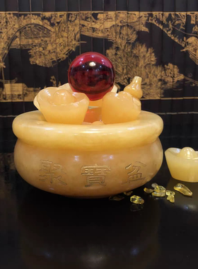 天然米黄玉聚宝盆招财摆件