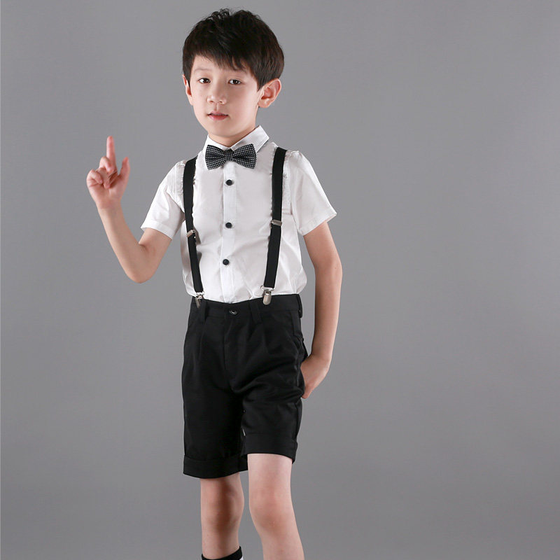夏季男童礼服白色背带短裤袖衬衫表演钢琴主持