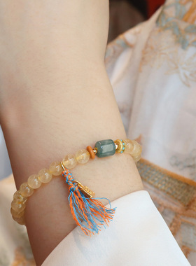 「晴叙」天然金发晶手链女搭配翡翠转运珠小福牌流苏招财手串礼物