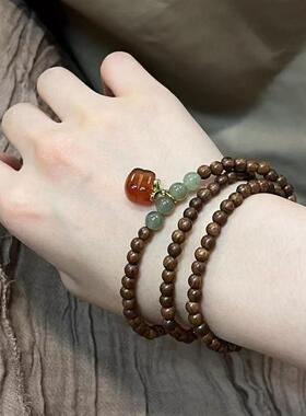 天然金丝檀木新中式文玩手串红玛瑙柿柿如意手链女国风好运礼物