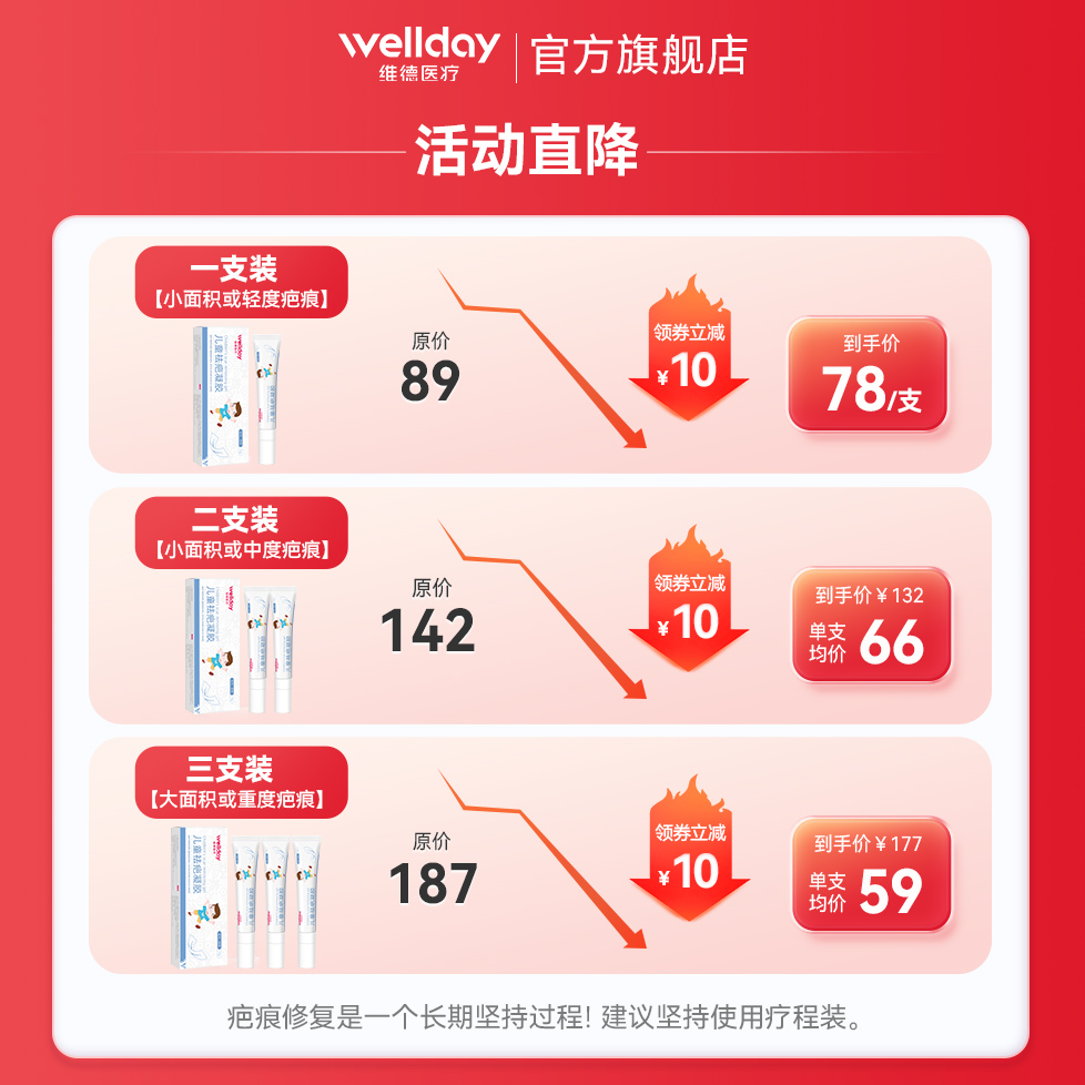 维德医疗祛疤膏儿童疤痕平疤克除去疤膏儿童专用小孩脸部修复伤贴