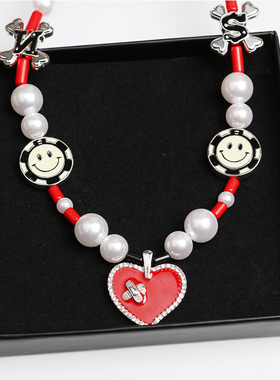 HHE国潮王嘉尔同款笑脸红色爱心珍珠项链男女个性嘻哈时尚新