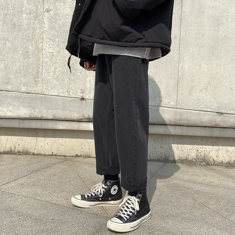 马丁靴配什么男黑色帅气直简牛仔裤 枭鹿牛仔裤