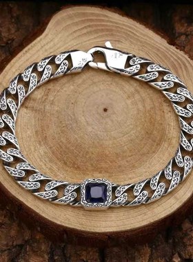 古巴方块钻c石手炼男士覆古泰式银小众个性化时尚唐草图案男孩手