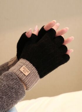 半指手套韩版手套冬季女生可爱露指毛线加绒保暖防寒学生写字手套