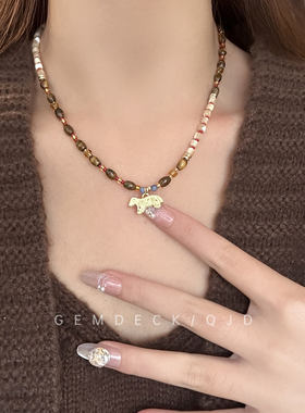 老钱风虎眼石金色小马串珠项链轻奢高级感贵气锁骨链复古小众颈链