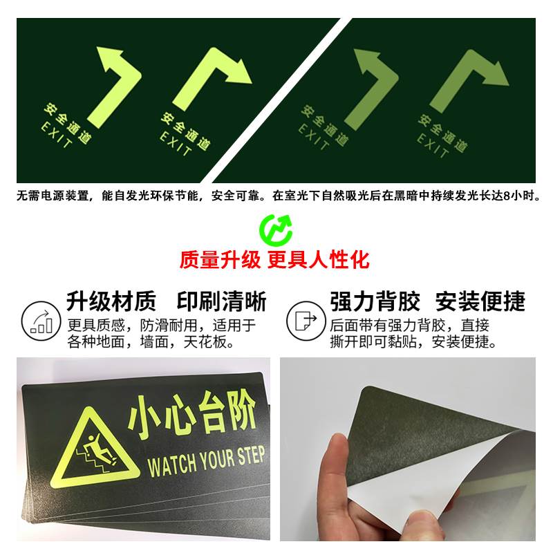 !张安2出全0口标识指示牌自发光荧光地贴夜光紧急通道楼梯地面提示牌圆形疏散逃生箭头标小心台阶当心地滑标 - 图2