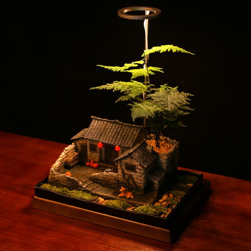 复古怀办旧苔藓微景观盆景公室装饰摆件微缩老房子型桌面小夜模灯 - 图3