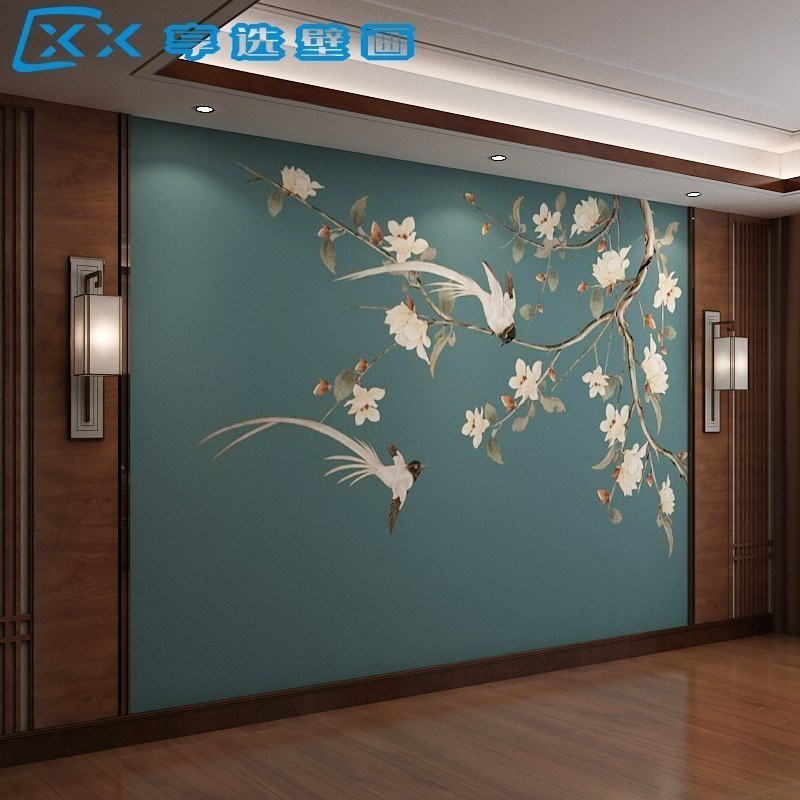 3d新中式玉兰花壁布电视背景墙客厅卧室沙发蓝色花鸟墙纸墙衣壁画-图1