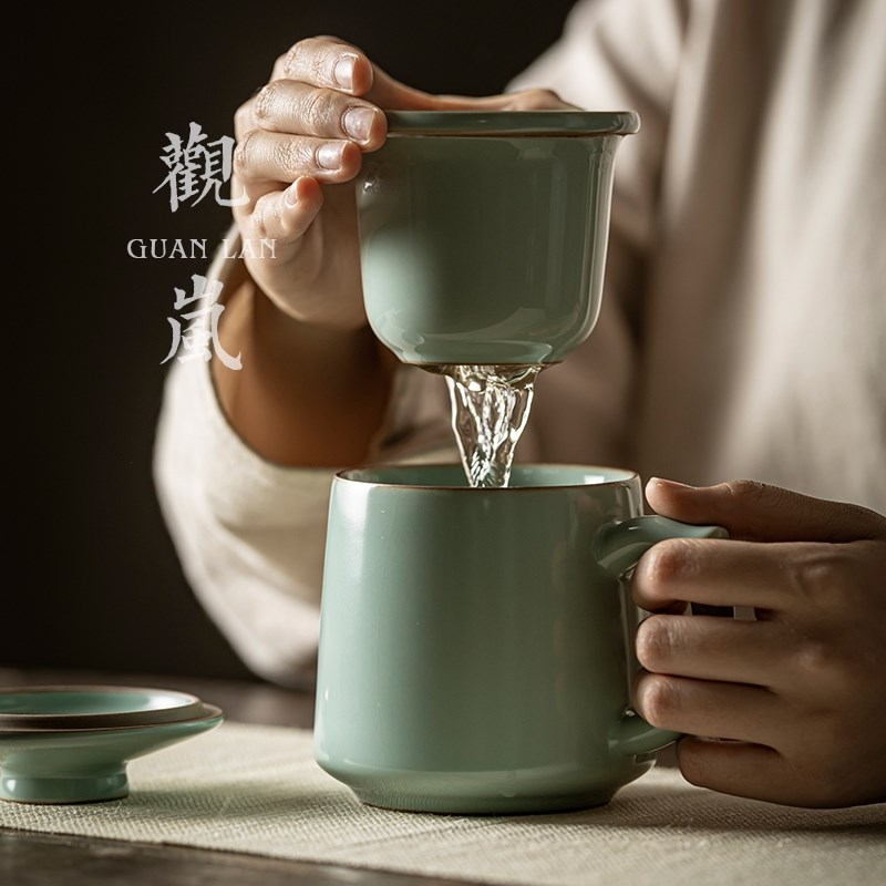 天青汝窑茶杯陶瓷带盖茶水分离泡茶杯茶漏家用过滤开片可养办公杯 - 图0