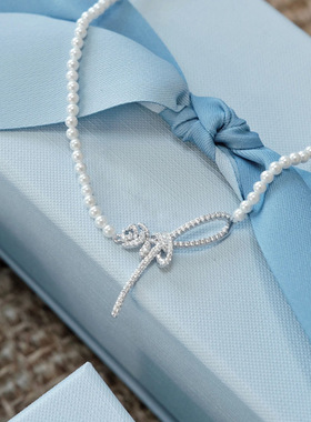 何家原厂珠宝925纯银玫瑰丝带项链优雅仿珍珠锁骨链赵今麦同款