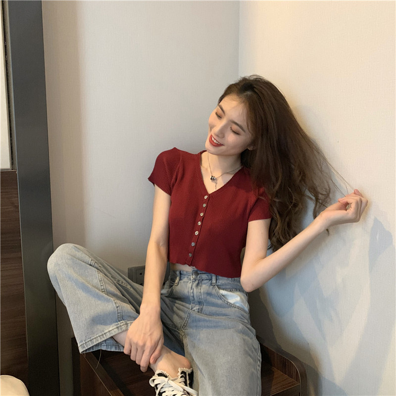 复古v领针织2020新款夏季短款开衫 赵小琳毛针织衫