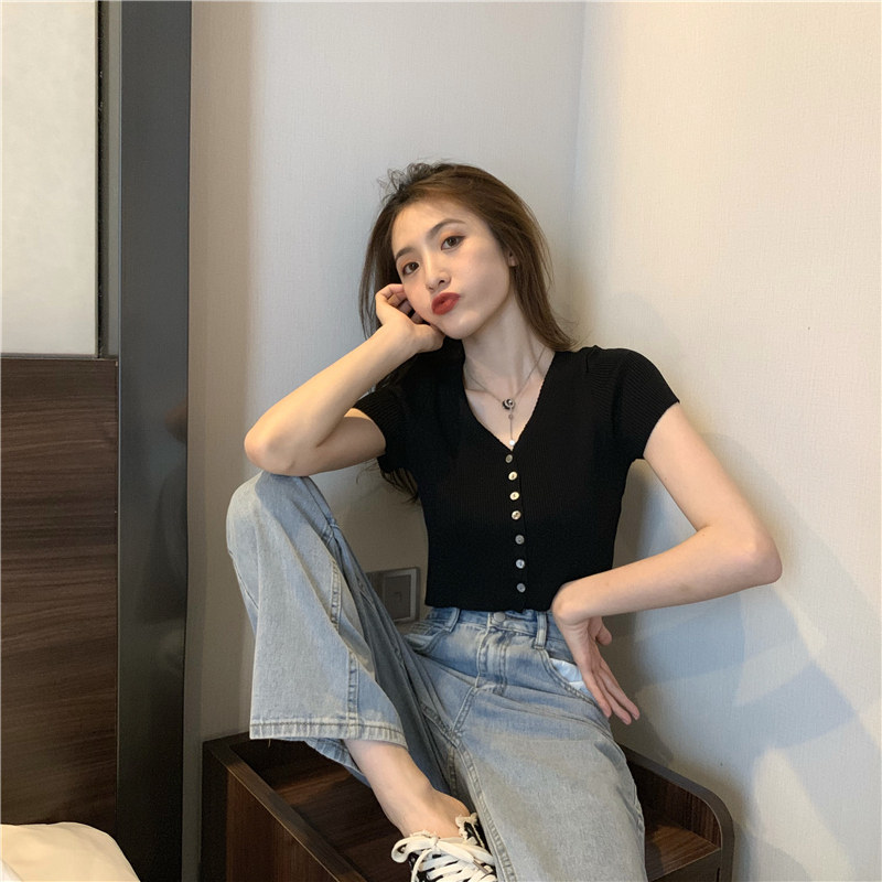 复古v领针织2020新款夏季短款开衫 赵小琳毛针织衫