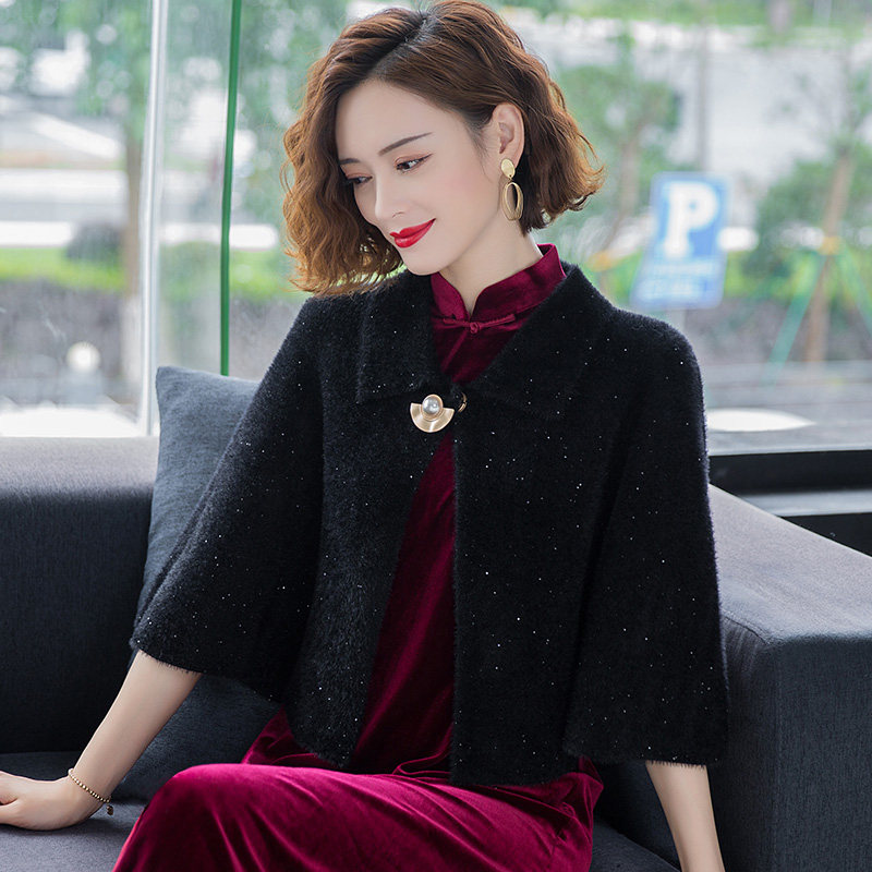 配旗袍的披肩外搭毛衣外套短款斗篷 名人依尚毛针织衫
