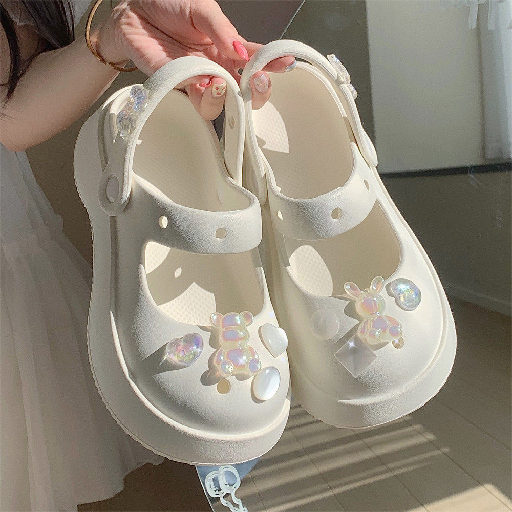 仙女风立体爱心小熊水钻diy包头洞洞鞋女夏季防滑外穿厚底沙滩鞋,淘宝优惠券,粉丝福利购,淘宝优惠卷