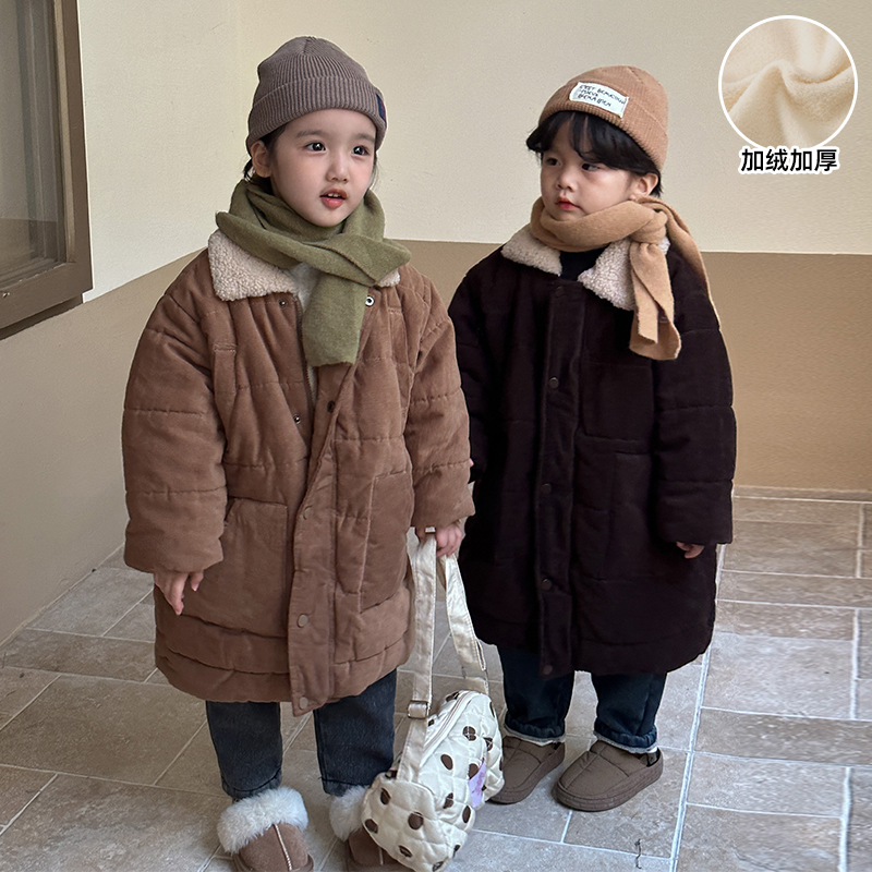 儿童棉衣加绒加厚男童装中长款女童棉服2023新款冬季保暖宝宝外套
