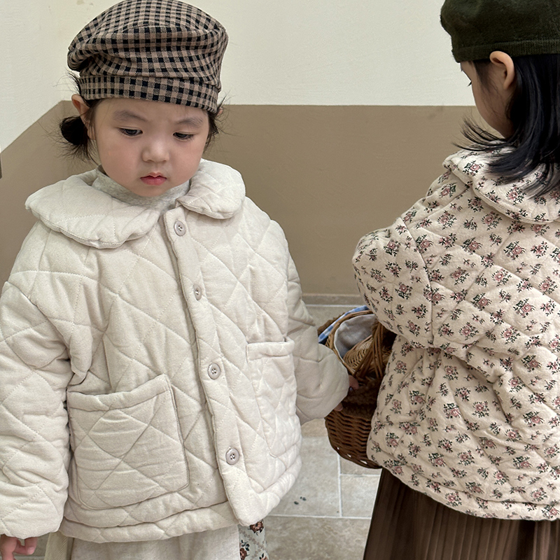 女童棉衣冬季娃娃领加绒加厚碎花洋气儿童装棉服2023新款宝宝外套