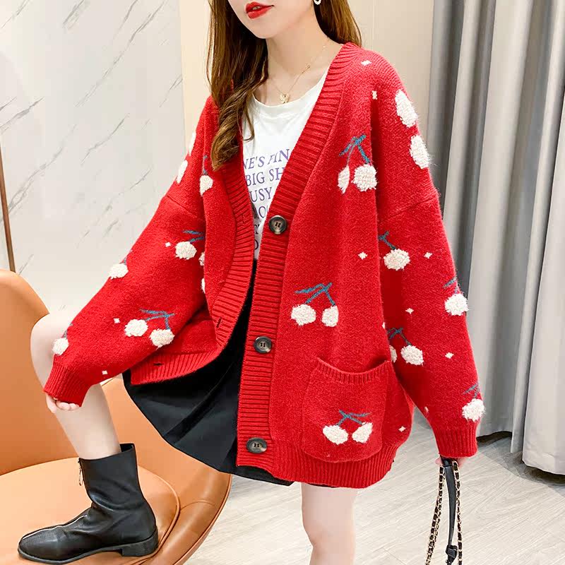 网红韩版小清新樱桃提花开衫风毛衣 欧姿色毛针织衫