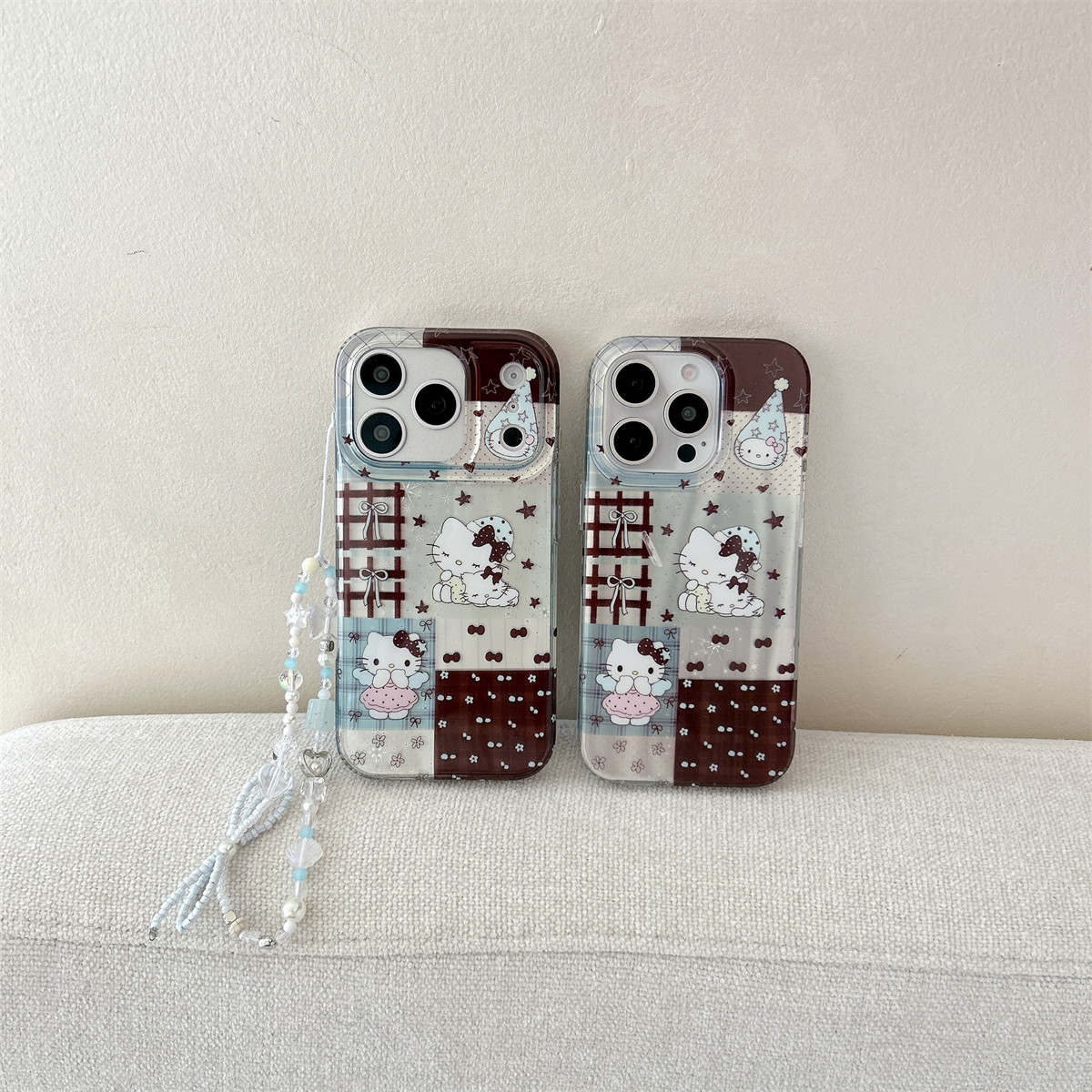 宏界 日韩小清新撞色拼接格纹睡帽Kitty猫适用苹果17ProMax手机壳iphone15新款16pro可爱款14pro防摔17保护套,淘宝优惠券,粉丝福利购,淘宝优惠卷