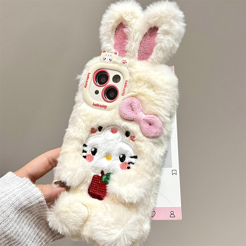 宏界 可爱立体蝴蝶结长耳KT猫适用苹果16promax手机壳iphone15新款13pro毛绒15pro硅胶12女款14pro防摔保护套 - 图2