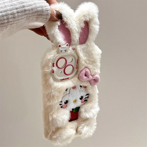 宏界 可爱立体蝴蝶结长耳KT猫适用苹果16promax手机壳iphone15新款13pro毛绒15pro硅胶12女款14pro防摔保护套 - 图3