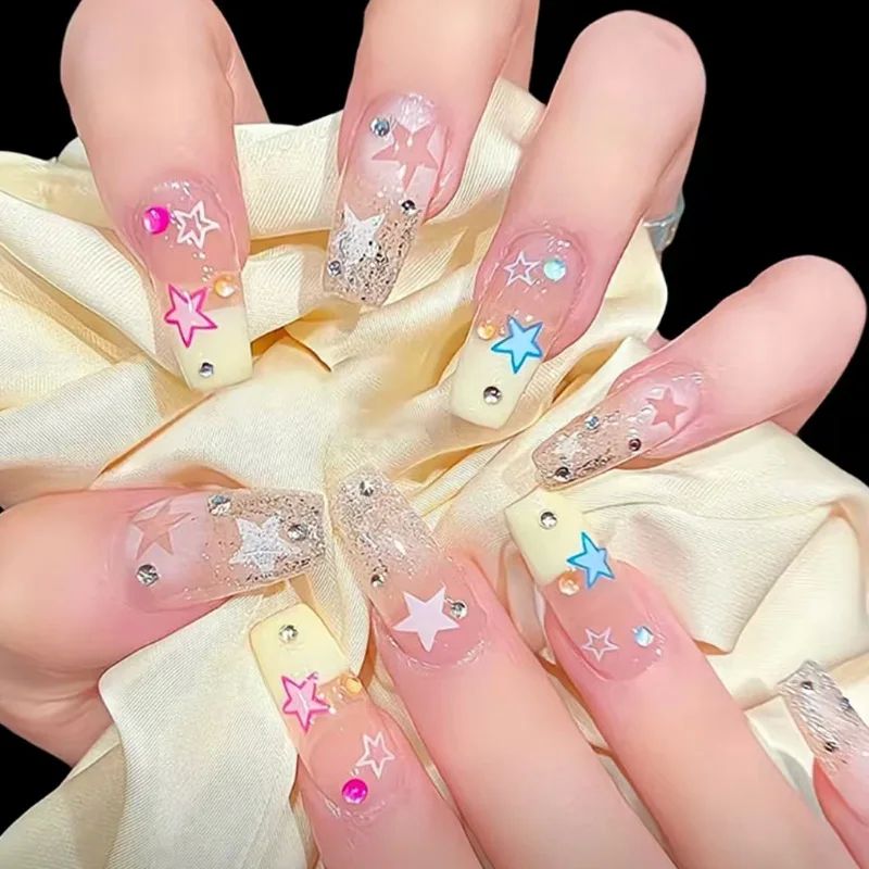 24Pcs Almond Press on Nails Y2K Star Diamond Designs for Coo - 图1
