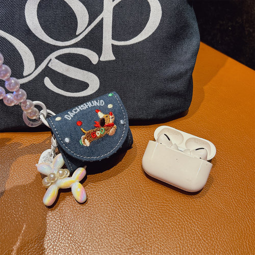 适用于华为freeclip2耳机保护套牛仔刺绣腊肠狗防摔freebudspro5收纳包连体复古苹果airpodspro个性oppofree4 - 图1
