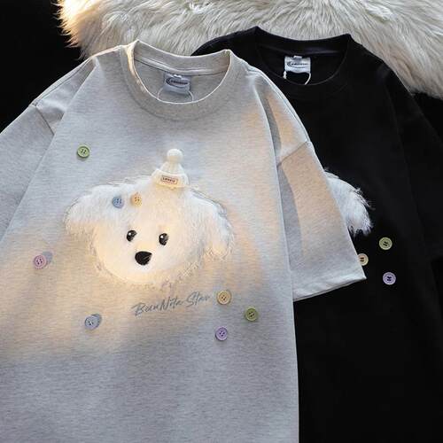 纯棉毛绒刺绣2025夏季新款chic减龄百搭宽松短袖T恤女半袖上衣tee - 图0