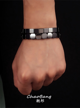 欧美跨境热销黑胆石轻熟风男士手串意大利弹性混搭手链时尚串珠
