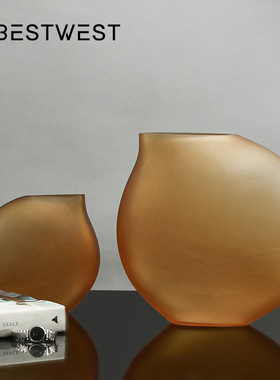 北欧焦糖色圆形磨砂半透明小口玻璃花瓶家居装饰品摆件