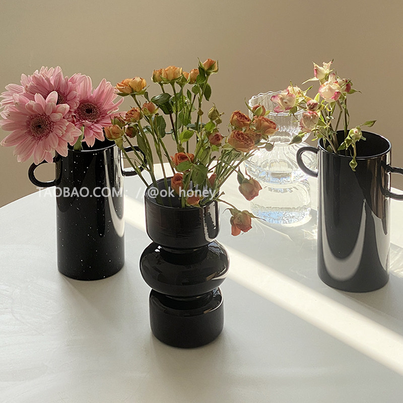 ins韩国风复古玻璃花瓶简约北欧黑色花瓶不规则设计轻奢居家装饰,淘宝优惠券,粉丝福利购,淘宝优惠卷