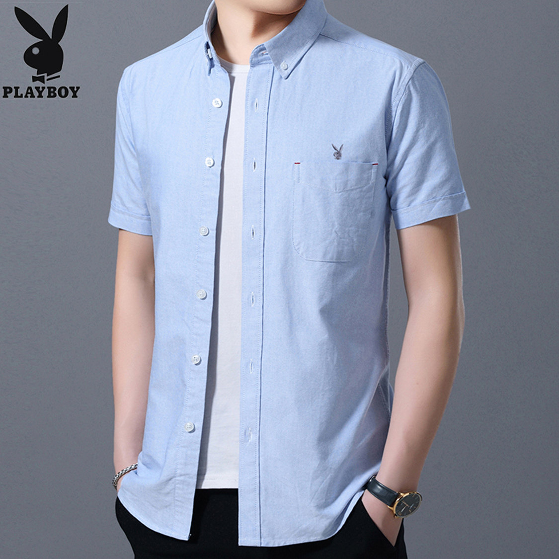花花公子纯棉短袖衬衫男装男士衬衫 playboy悠行客衬衫