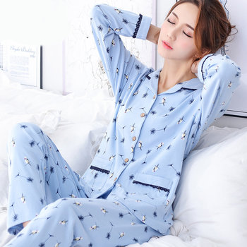 100% pajamas ຝ້າຍສອງດ້ານສໍາລັບແມ່ຍິງພາກຮຽນ spring ແລະດູໃບໄມ້ລົ່ນແຂນຍາວເກົາຫຼີແລະ summer ງາມລະດູຫນາວນັກສຶກສາ confinement ເຄື່ອງນຸ່ງຫົ່ມເຮືອນຊຸດ