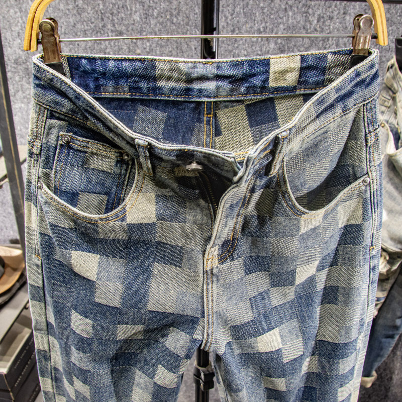 三古木棉高端潮牌大码怀旧复古格子牛仔裤男宽松直筒裤子男春秋,淘宝优惠券,粉丝福利购,淘宝优惠卷