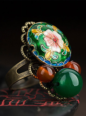 古风新款景泰蓝戒指女国风新中式珐琅彩宫廷戒指小众开口指环饰品