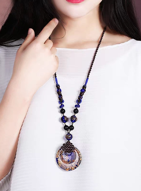 新中式项链女2026新款民族风配饰长款琉璃吊坠中古饰品毛衣链