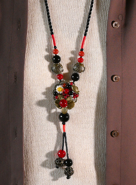 民族风高档项链不掉色国风长款红色百搭女挂饰配饰毛衣装饰品挂件