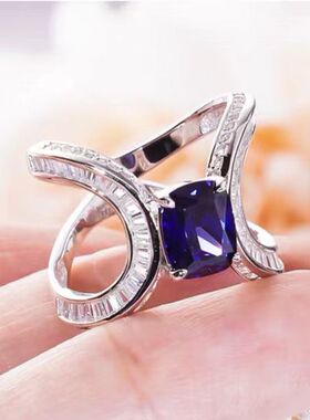 坦桑蓝宝石肥方钻戒女
