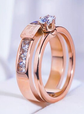 银镀金双排单钻戒指女