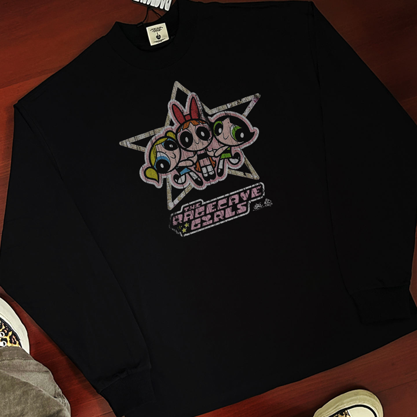 RAGECAVE飞天小女警美式卡通vintage印花情侣宽松圆领纯棉长袖T恤 - 图2