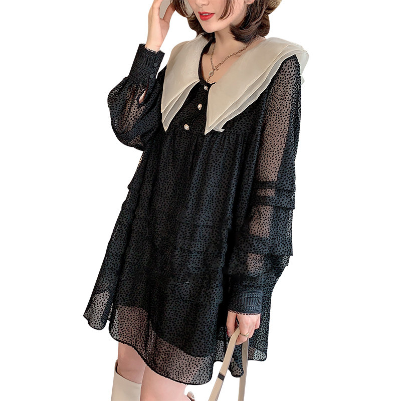 娃娃领长袖胖mm遮肚气质女连衣裙 afka连衣裙