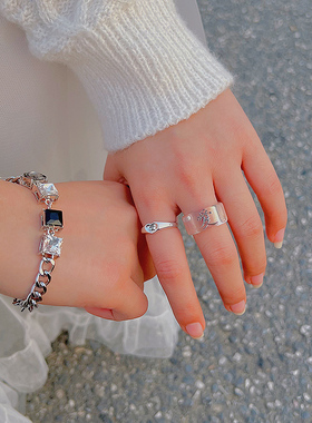 汉字爱心小众设计简约透明树脂个性嘻哈戒指女复古合金情侣对戒