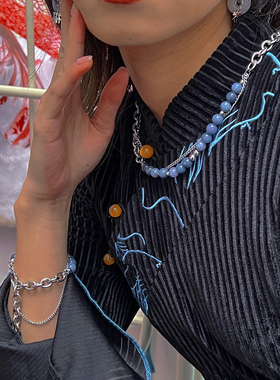 复古轻奢串珠天然石钛钢项链女