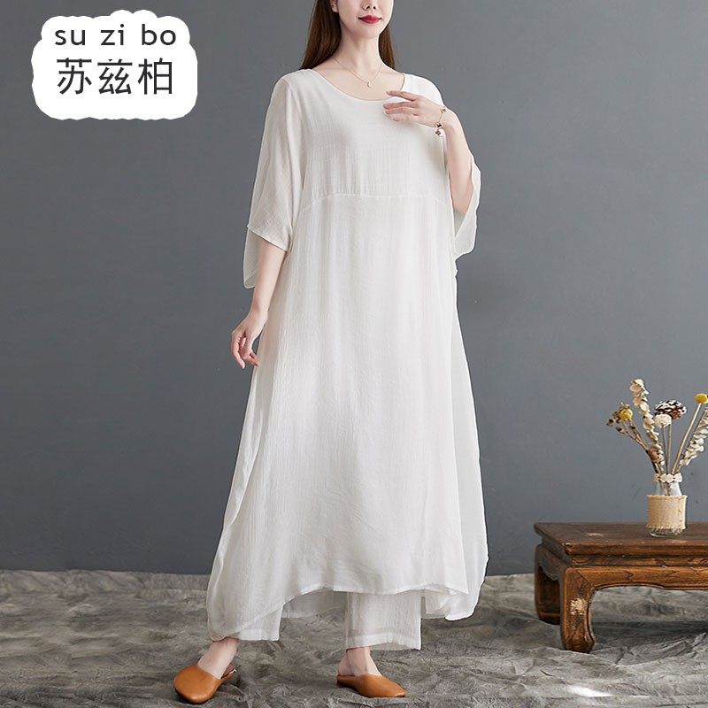 白色禅舞服古琴古筝中国风演出服 苏兹柏连衣裙