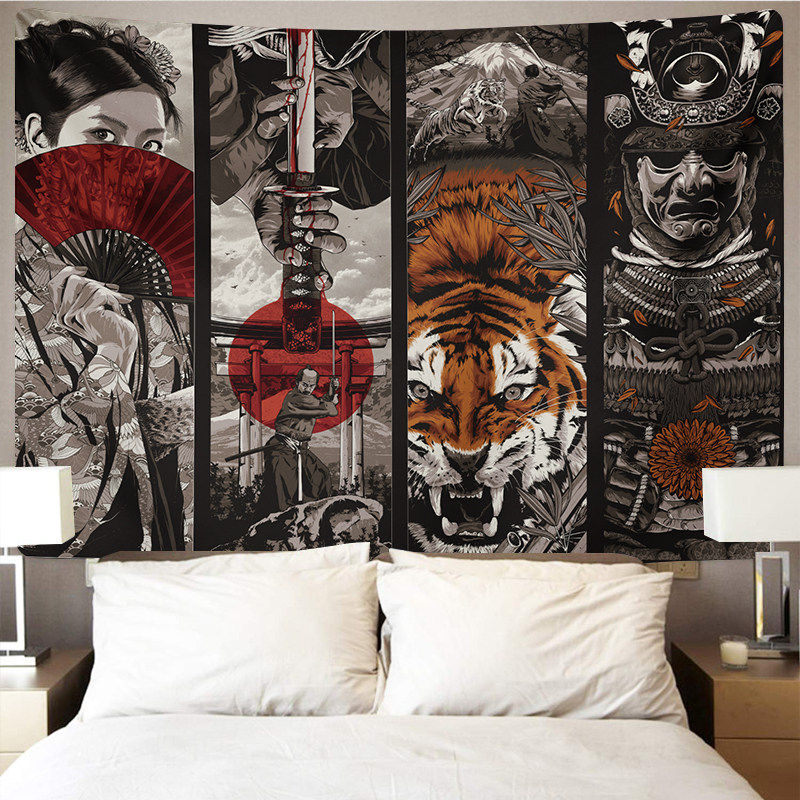 浮世绘虎斗武士纹身刺青酒吧日式床头装饰挂布帘墙布背景布挂毯