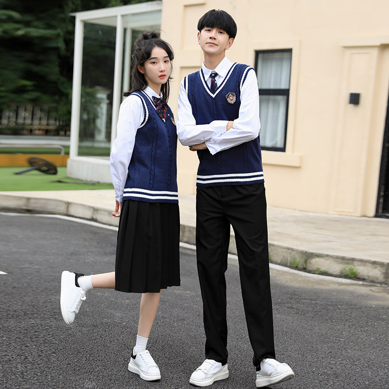 中学生校园班服学生装英伦学院风藏青毛衣背心校服套装高中生秋季_虎窝淘