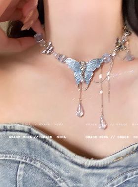重工蓝色水晶镶钻蝴蝶项链女款链