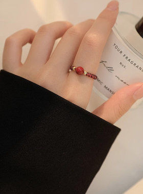 925银饰石榴石朱砂戒指女朱砂