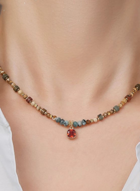 复古红宝石吊坠碧玺项链叠戴串珠